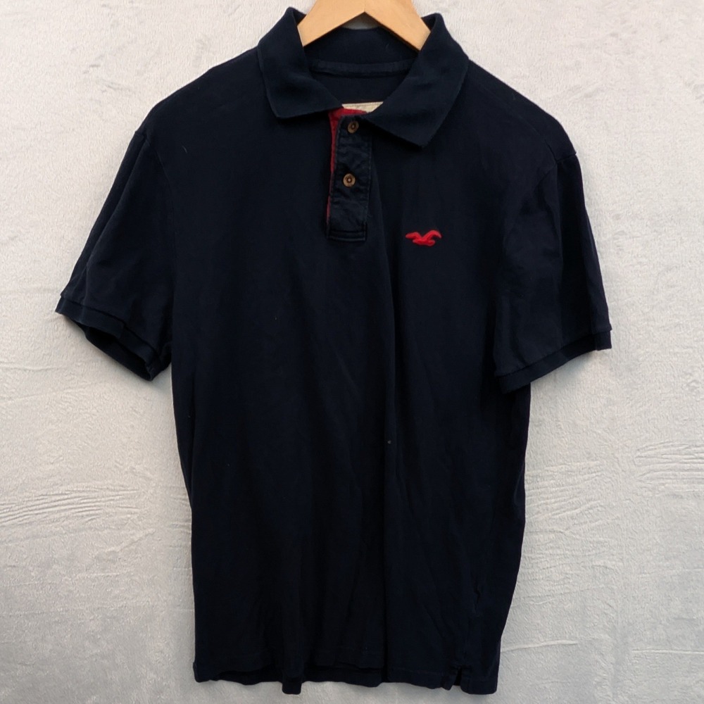 VTG Hollister Polo Shirt Men's L Navy Blue Cotton Pique Embroidered Preppy Y2K